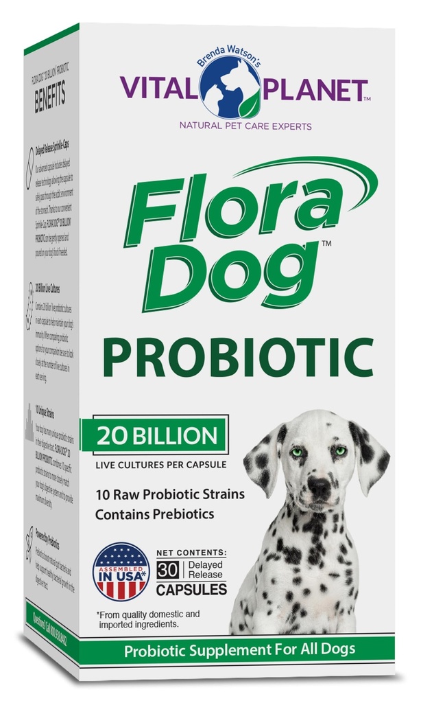 Vital Planet - Flora Dog Probiotične kapsule Dopolnilo z 20 milijardami kultur in 10 sevi, visoka jakost imunske in prebavne podpore Probiotiki za pse, 30 Zapoznelo sproščanje kapsule