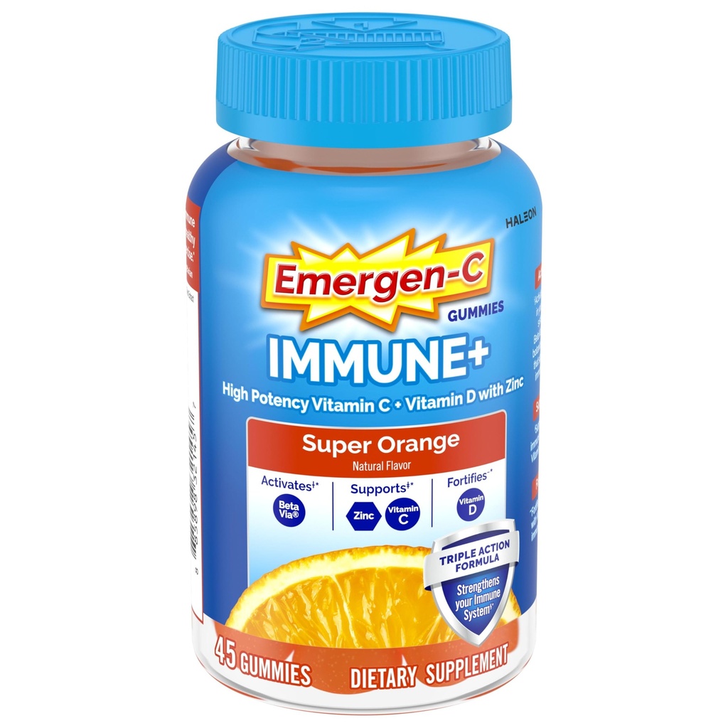 Emergen-C Imune+ Triple Action Imune Support Gumies, BetaVia (R), 1000mg Vitamin C, B Vitamini, Vitamin D in antioksidanti, Super Orange - 45 Število