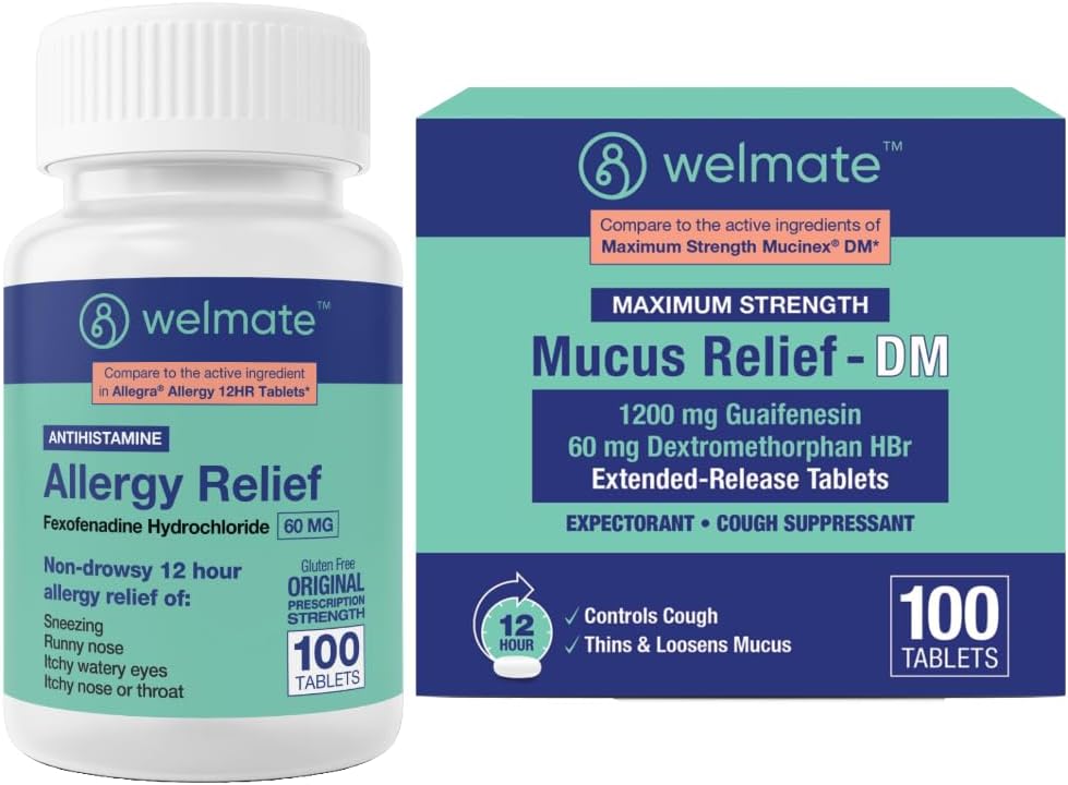 WELMATE skupno zdravje dihalne strdke: Alergija Relief Fexofenadin HCl 60mg (100 Ct) 12-Hur ne-histamin + maksimalna moč sluz Relief DM 1200mg Guaifenesin & 60mg DXM (100 Ct)