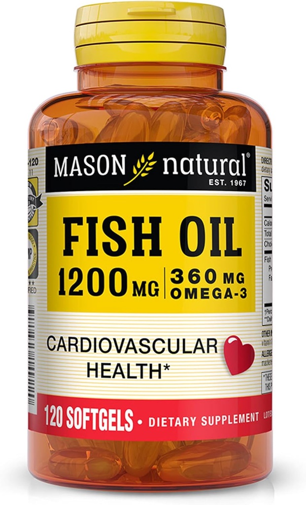 MASON NARAVNO ribje olje 1200 mg Omega-3 360 mg - zdravo srce, podpira cirkulacijsko funkcijo, izboljšano kardiovaskularno zdravje, 120 Softgels