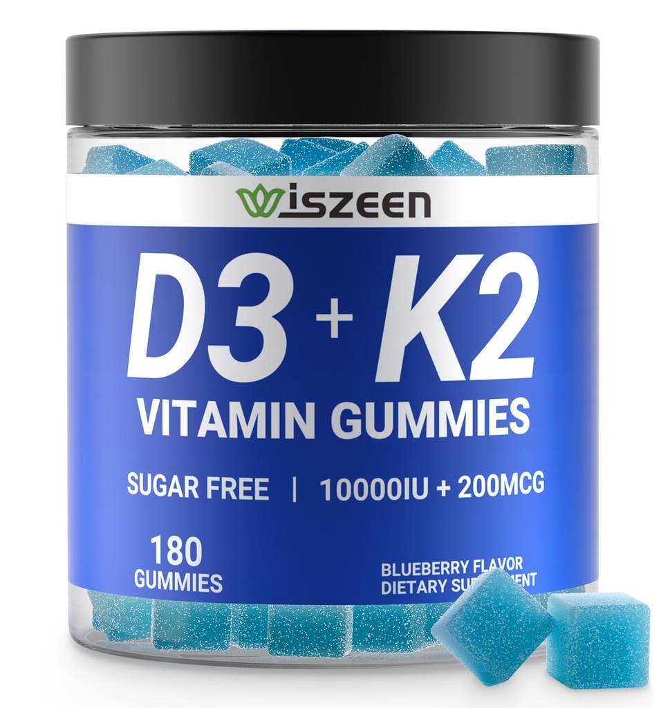 Sugar-Free Vitamin D3 K2 Gummies, Vitamin D3 10000iu & Vitamin K2(MK7) 200mcg with Calcium, Magnesium, Vitamin B12 for Bone Muscle Teeth Immune, Vegan