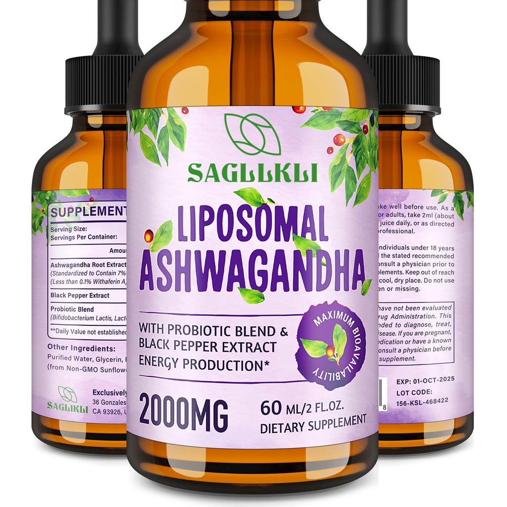 Liposomski Ashwagandha tekoče kapljice 2000mg, Ashwagandha Root Extract dodatek (7% Witanolides) s črno papriko ekstrakt in probiotiki za fokus, Kognition & Energija - 2 FL.OZ (1 steklenica)