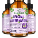 Liposomski Ashwagandha tekoče kapljice 2000mg, Ashwagandha Root Extract dodatek (7% Witanolides) s črno papriko ekstrakt in probiotiki za fokus, Kognition & Energija - 2 FL.OZ (1 steklenica)