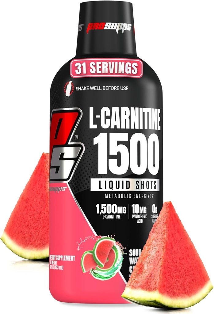 PROSUPPS L-karnitin Tekoči 1500, brez stimulanta tekoči streli za moške in ženske - čist predworkout napitek za energijo, zmogljivost in okrevanje mišic - brez sladkorja, brez ogljikovih hidratov - 31 Servinga, lubenice Candy