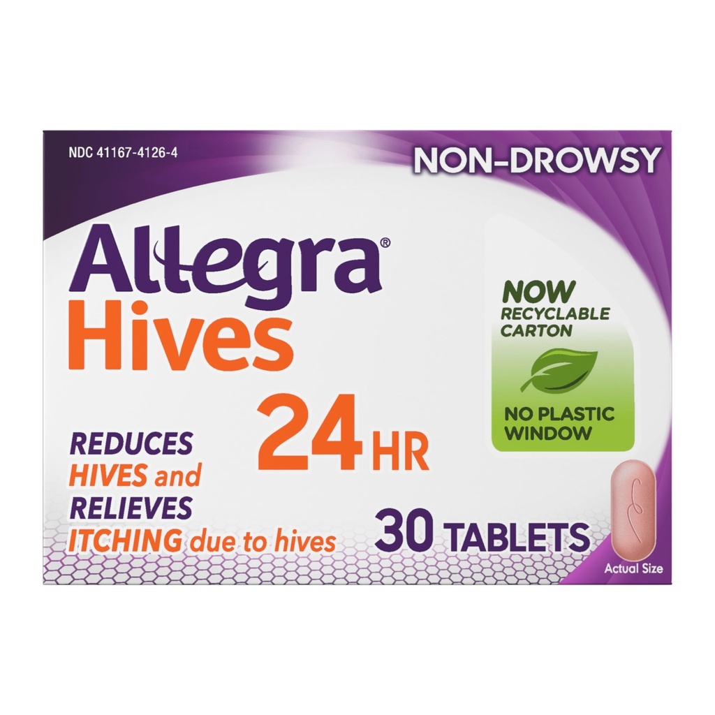 Allegra Hives Antihistaminiki 24-urne tablete, zmanjšanje nepraske in lajšanje srbenja, 180 mg Fexofenadin HCI, 30- Count