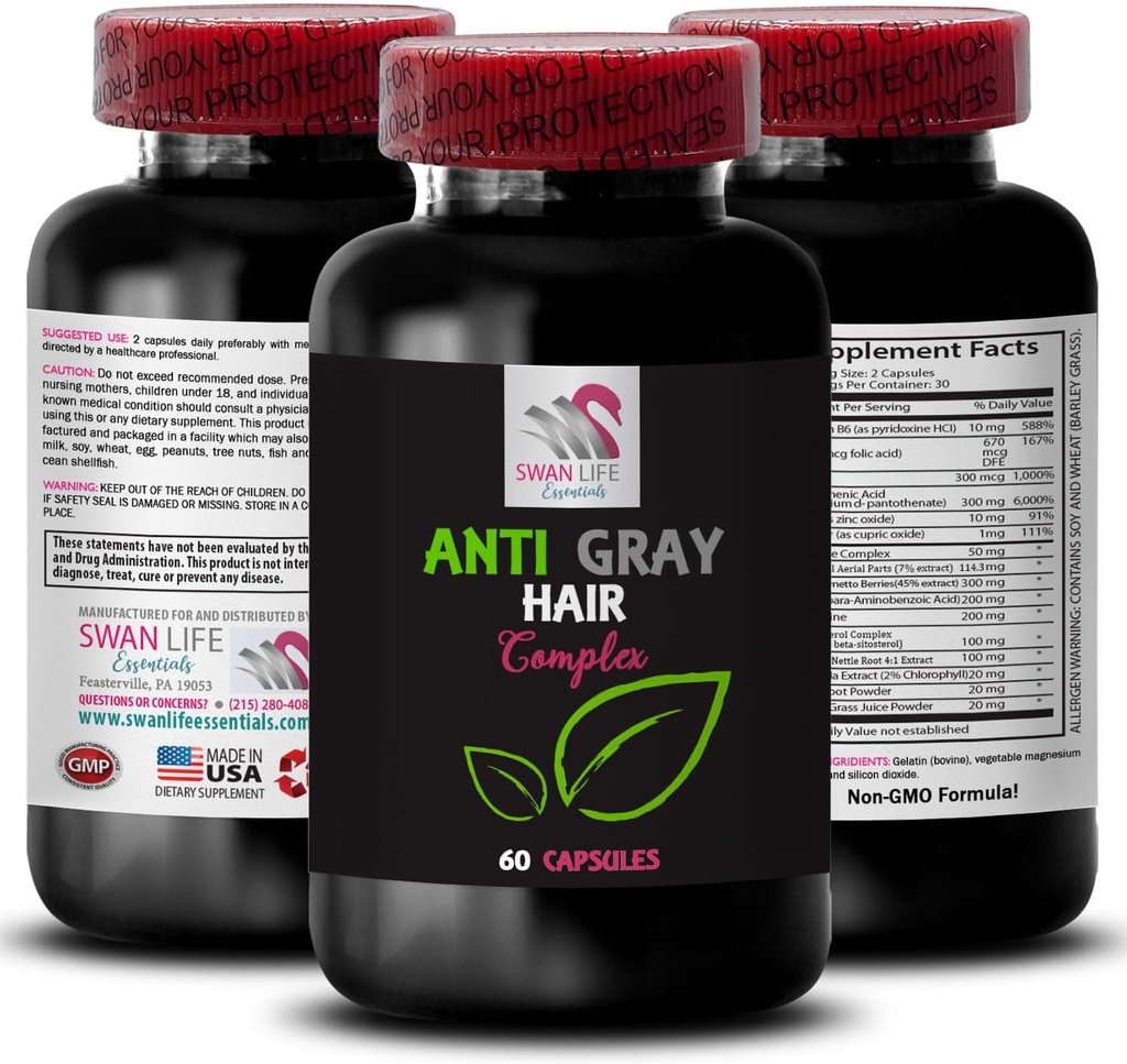 Anti sive tablete za lase - ANTI GRAY HAIR COMPLEX - siva obračanje las, Barva oživitev, Ton za lase, Barva vitalnost ojačevalec, Sveže barve, Anti sivi las dodatek, Sprememba las 1 Steklenica 60 Kapsule