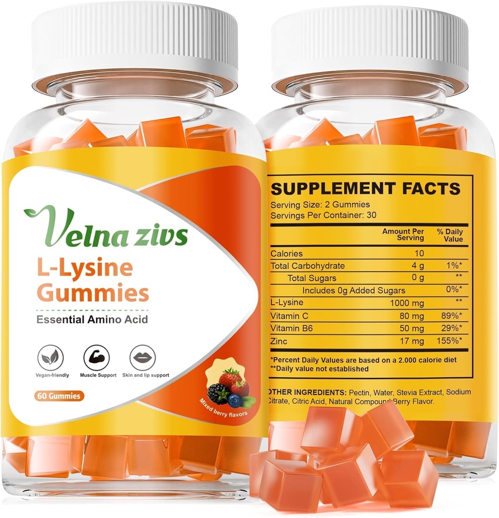 L-Lysine Gumies 1000mg, Žvečljive lizine dopolnila za odrasle, brez sladkorja lizin za zdravljenje hladno vneto *, Imunska podpora z zdravjem vitaminov, kože in ustnic*, Vegan, Non GSO, 60 števk