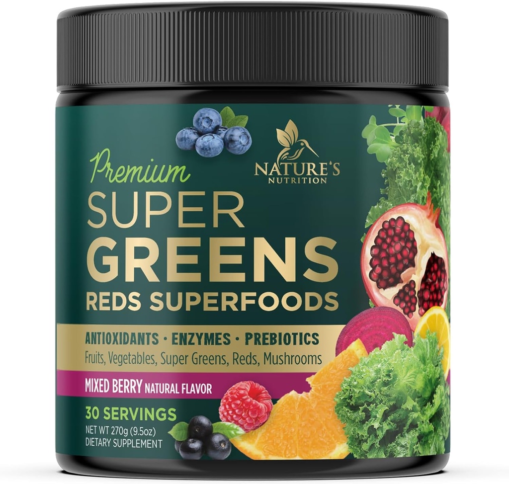 Zeleni Superfood Powder Drink Mix - Zeleni dodatki Mešanica za energijo in gut zdravje - z organsko pšenično travo, Spirulina, Klorella, Prebavni encimi Antioksidant & Fiber - Berry Flavor, 30 Servings
