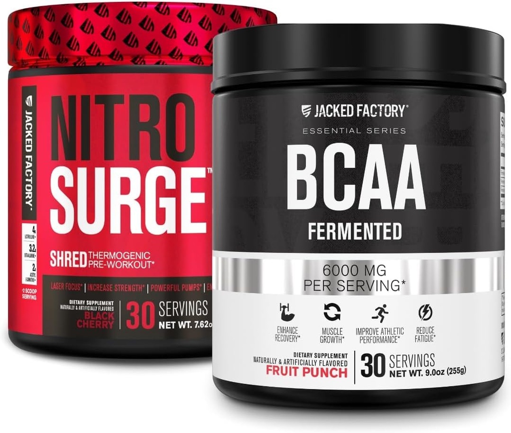 Jacked Factory Nitrosurge Shred Termogenski Pred-Workout v črni Cherry & BCAA v sadni punch za repozicijo telesa, izgradnjo mišic in okrevanje