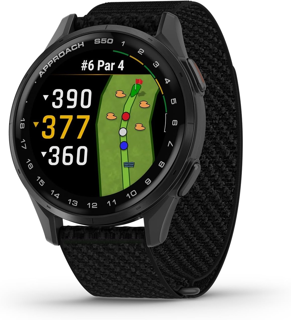 Garmin Approach® S50, Advanced Golf GPS Smartwatch, AMOLED Display, on-Course Features, Wrist-based Heart Rate, Slate Aluminum Bezel z Black ComfortFit Nylon Band