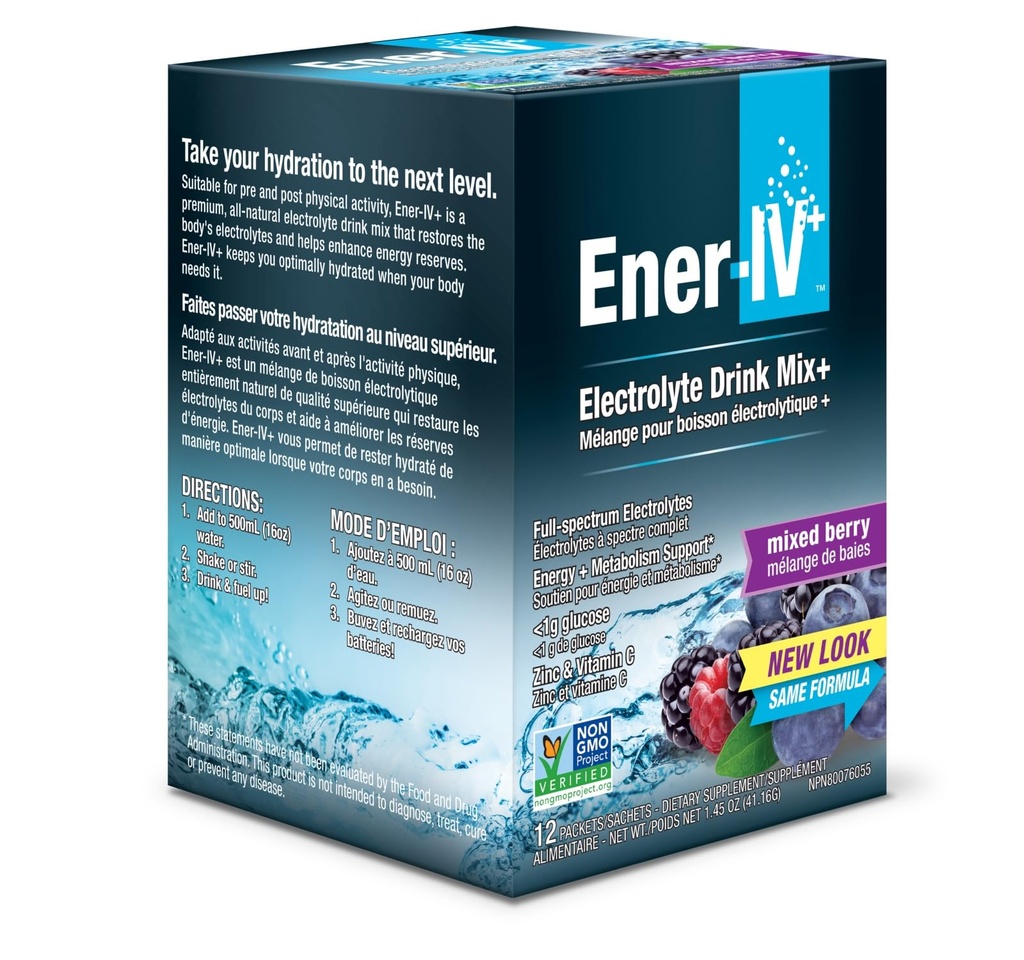 Energija-IV Elektrolit Hidracija & Energy Drink Kalij Vitamin C & cink Elektroliti Powder Packets - Muscle Recovery & Immuniteta Športne pijače za ženske in moške Nizek sladkor Vegan, Mešano Berry - 12 Count