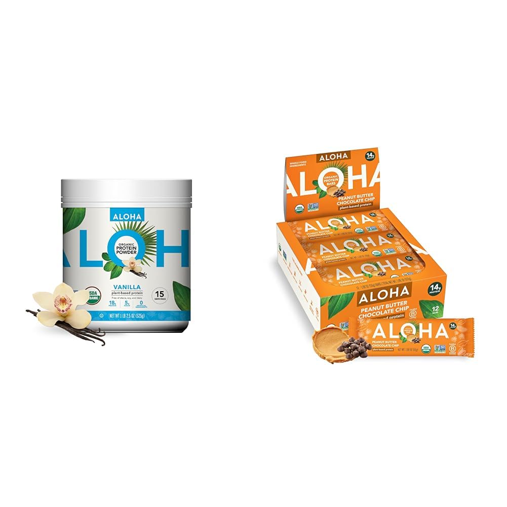 ALOHA Organski rastlinski proteini v prahu Vanilla 19.6oz, Beljakovinske palice arašidovo maslo čokoladni čip 1.98oz Pakiranje po 12 svežnjev