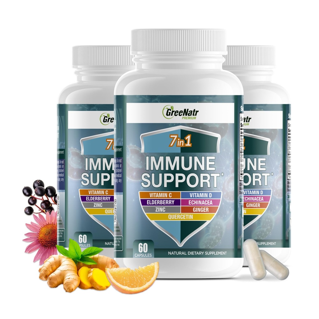 Imunska podpora GreeNatr z vitaminom C, D3, cink 50mg, Quercetin, Echinacea purpurea, Sambucus Bezgovina in ingver za popolno obrambo imunskega sistema - 60 kapsul (3 steklenice)