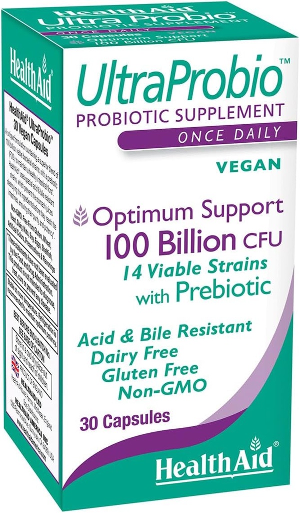 HealthAid UltraProbio, 100 milijard kapsul enkrat na dan, Optimum Support, 100 milijard s prebiotično, kislo in žolčno, ne- GMO