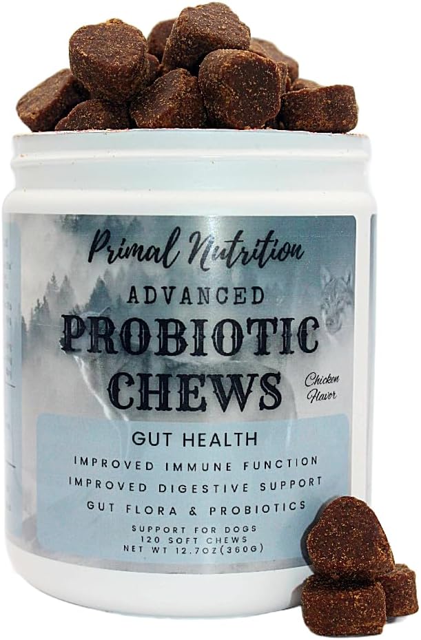Primal Nutrition Probiotiki za pse - Prebavne encime za Gut Flora, Prebavno zdravje, Driske in Bowel podpora - Dog dodatek Soft Chew za hišne imunskega sistema - Piščanci