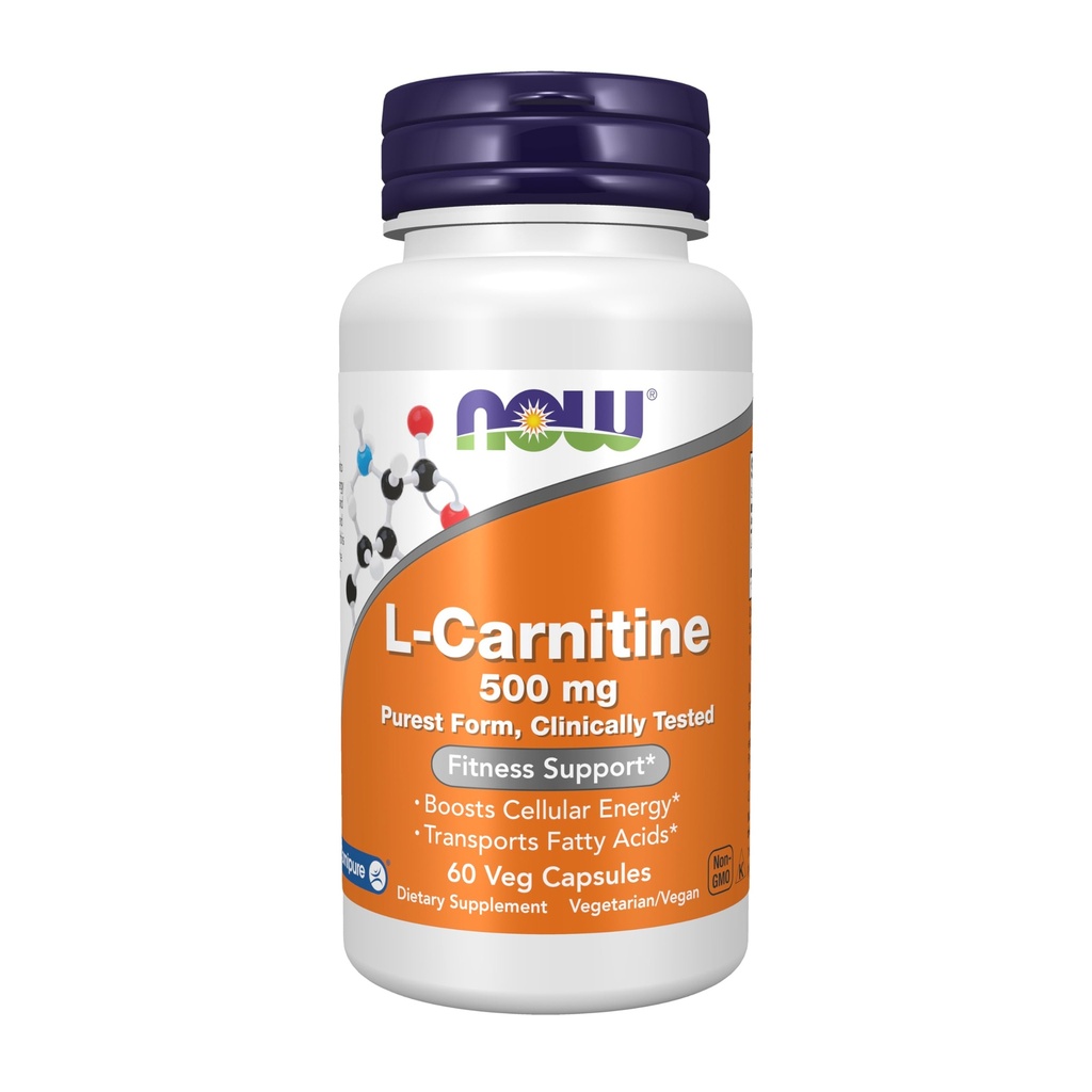 NOW Foods Supplements, L-karnitin 500mg, najčistejša oblika, aminokislina, fitness podpora*, 60 Veg kapsule