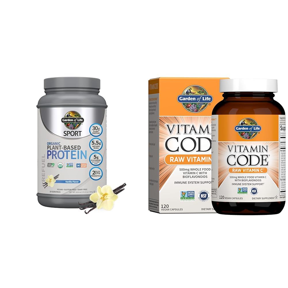 Vrt življenja Organic Vegan Sport Protein Powder, Vanilla, 30g - Probiotiki, BCAA za okrevanje po treningu 19 Servis + Raw Vitamin Code Vitamin C, 120 Veg kapsule