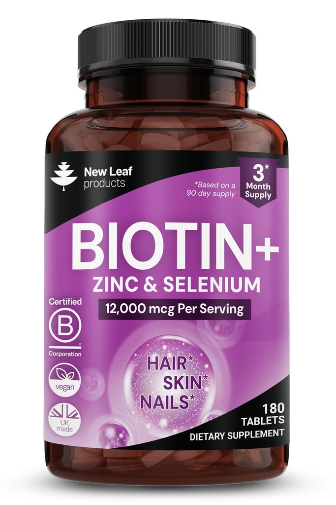 Biotin Rast las Vitamini 12000mcg Visoka moč s kokosovim oljem - spodbuja zdrave lase kože in nohti - Biotin Vitamini za ženske & moški Vegan, Gluten brezplačno dodatki - Izdelano v Veliki Britaniji z novim listom