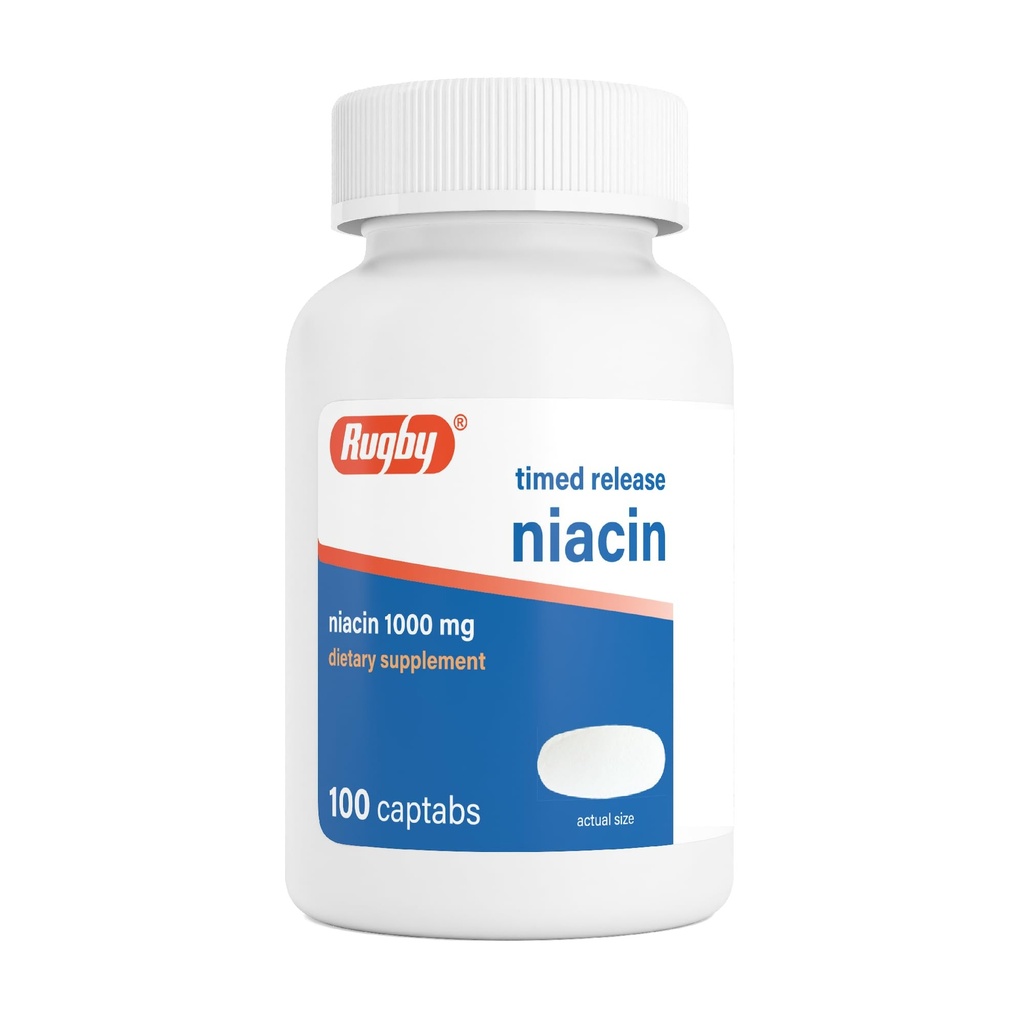 Rugby Timed-Release Niacin 1000mg prehranska dopolnila za odrasle za energijo, cirkulacijo in metabolizem podporo, 100 Captabs (paket po 1)