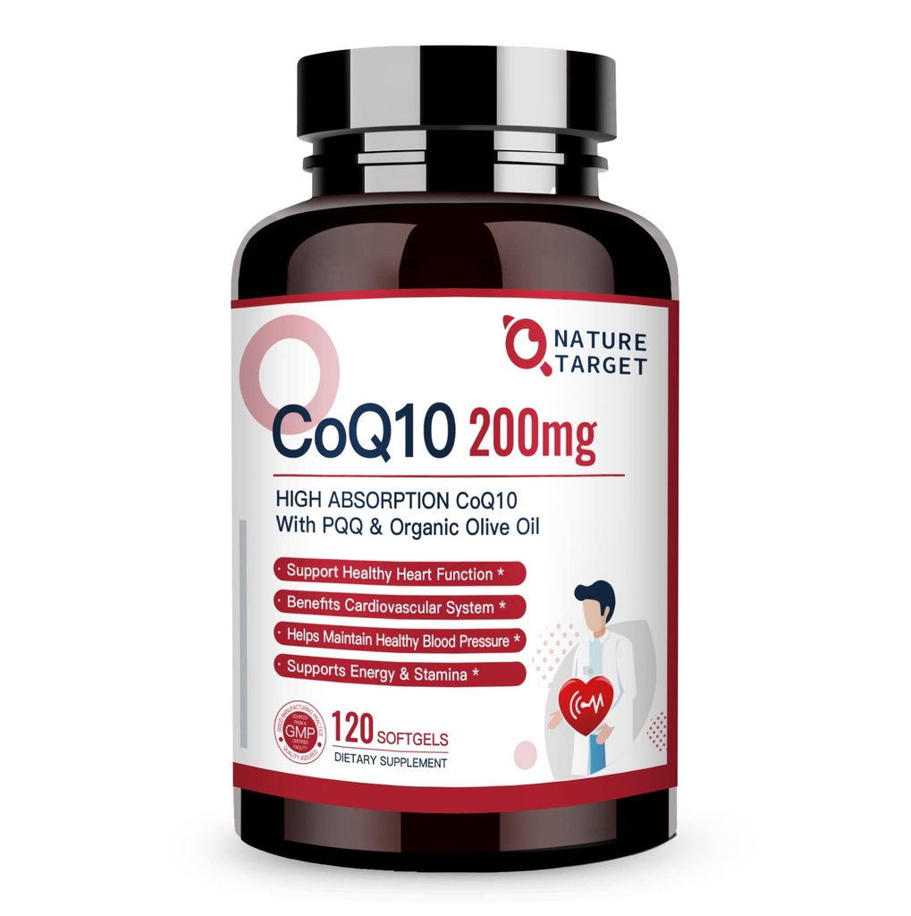 NATURE TARGET CoQ10-200mg-softgels + PQQ z organsko-živim-oljem - visoka absorpcija-koencim-Q10 - Antioksidant-za-zdravje in imunske podpore, proizvodnja energije, 120 Serving