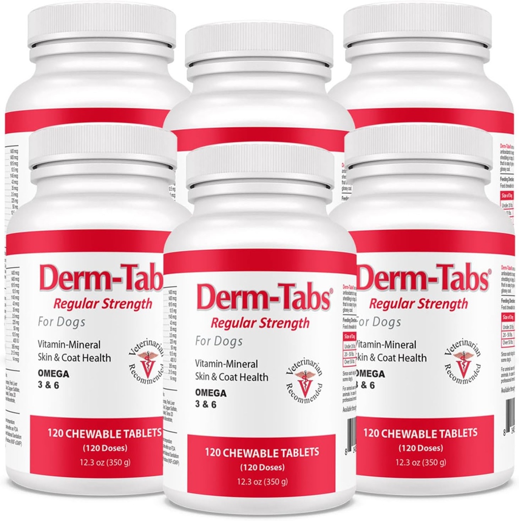 Derm Tabs Redna moč za pse - naravno olje, vitamini, minerali in antioksidanti - Podpora zdrave kože in zmanjšanje sijaja - 720 žvečljive tablete
