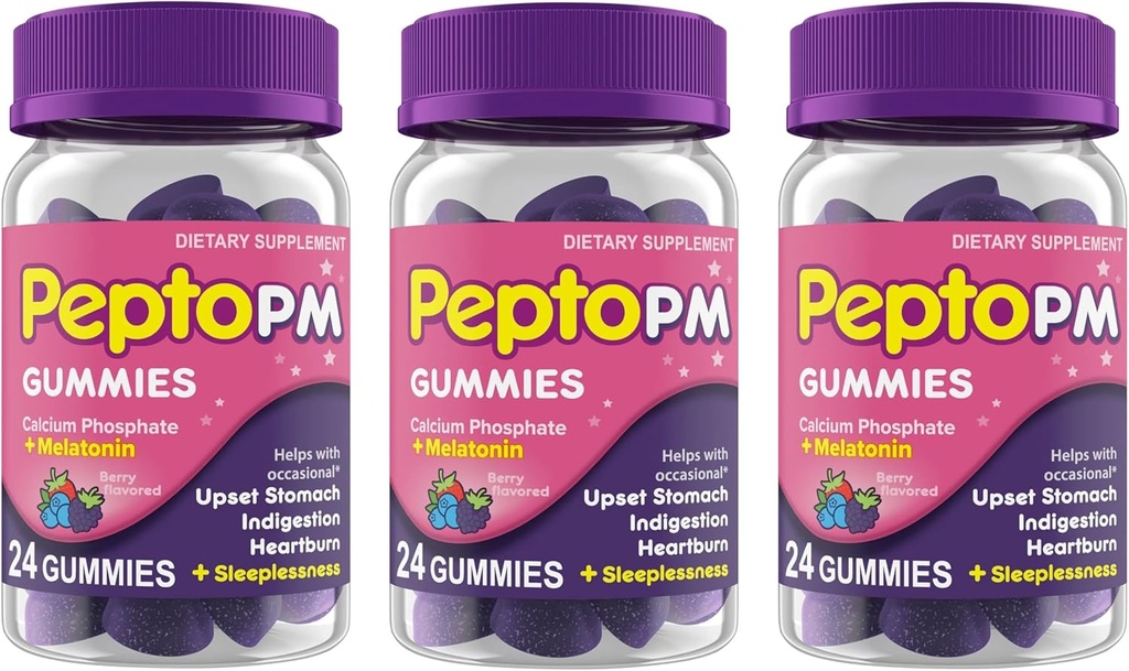 Pepto PM Gumies z melatoninom za podporo spancu, hitro in učinkovito prebavne olajšave od zgage, prebavne motnje, nemirne želodčne težave in nespečnost - Berry Flavor, 24 Ct (Pack of 3)