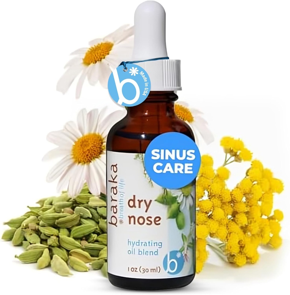 Baraka Suho nos Nasal olje – organska eterična olja (Cardamom, Everlast, Nemška & Rimska Kamilica) v Sezamovo olje – Hidrirajoči nos Moisturizer za suhe Sinuse – 1 pakiranje (1 oz kapalko steklenica)