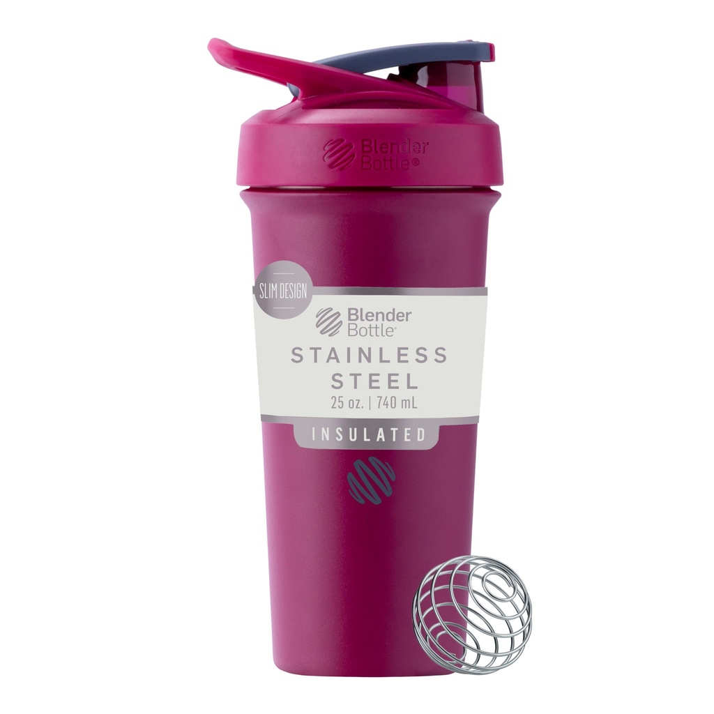 BlenderBottle Sport Sleek Insulated Nerjaveče jeklo Shaker steklenica z žico Whisk, 25-Ounce, Raspberry – Beljakovine Shake & Hidracija za športnike & Fitness navdušenci, enostavno mešanje, Slim enostaven za zadrževanje, ohranja pijače hladno, Zakleniti Lid