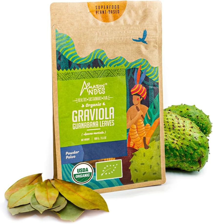 Andes Graviola Leaves Powder Anona muricata - bogata z vitaminom C & Fibers - Imunski sistem Stimulant - USDA NOP dodatek - Soursop - Gluten Free, Vegan, & Non GSO - 100gm / 3,5oz (20 Serving)