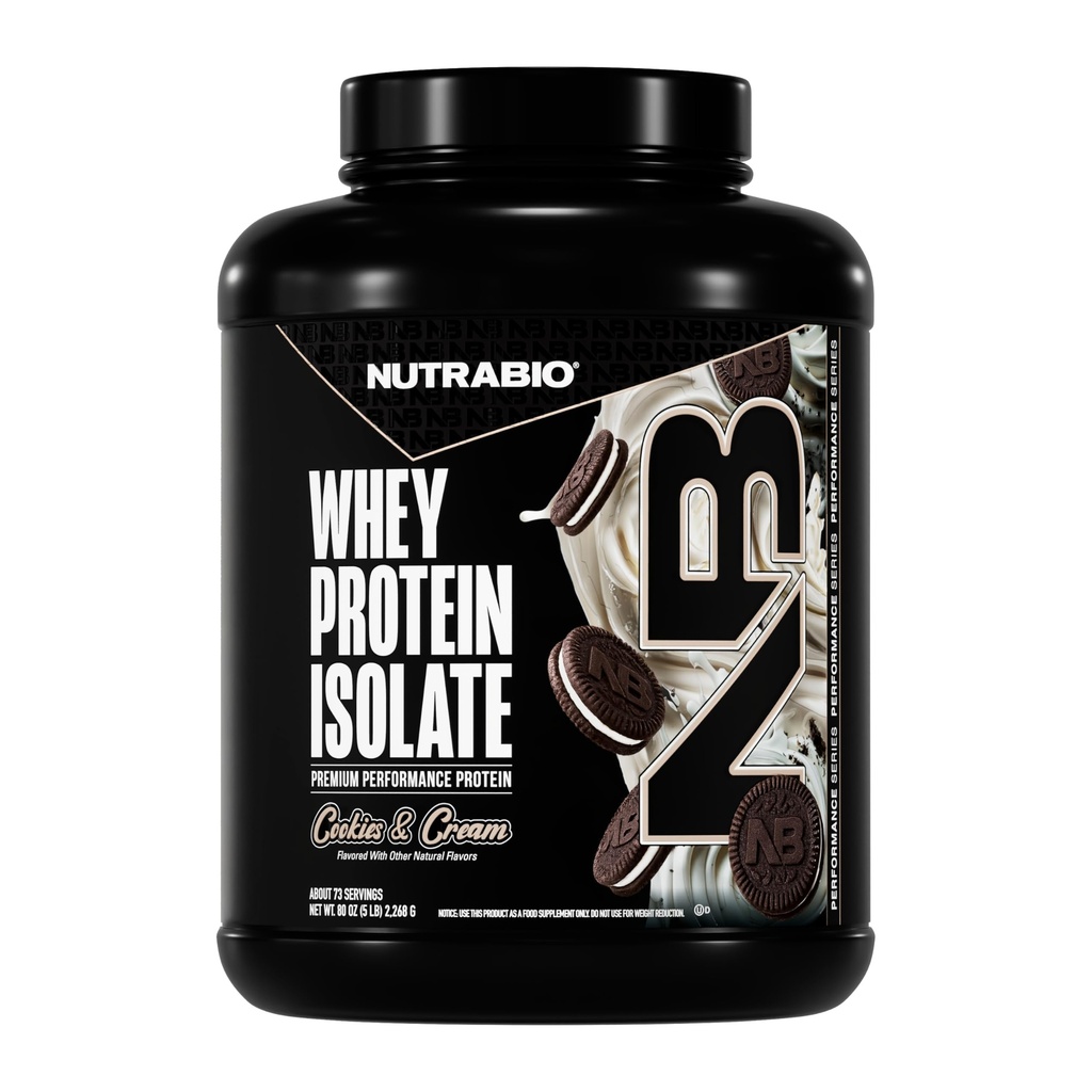 NutraBio 100% Whey Protein Isolate Protein Powder, 25g Beljakovine s popolnim profilom aminokislin, brez soje in glutena, brez ogljikovih hidratov in nizkokaloričnih sirotkinih beljakovin v prahu, Piškotki in krema, 5 Lbs.
