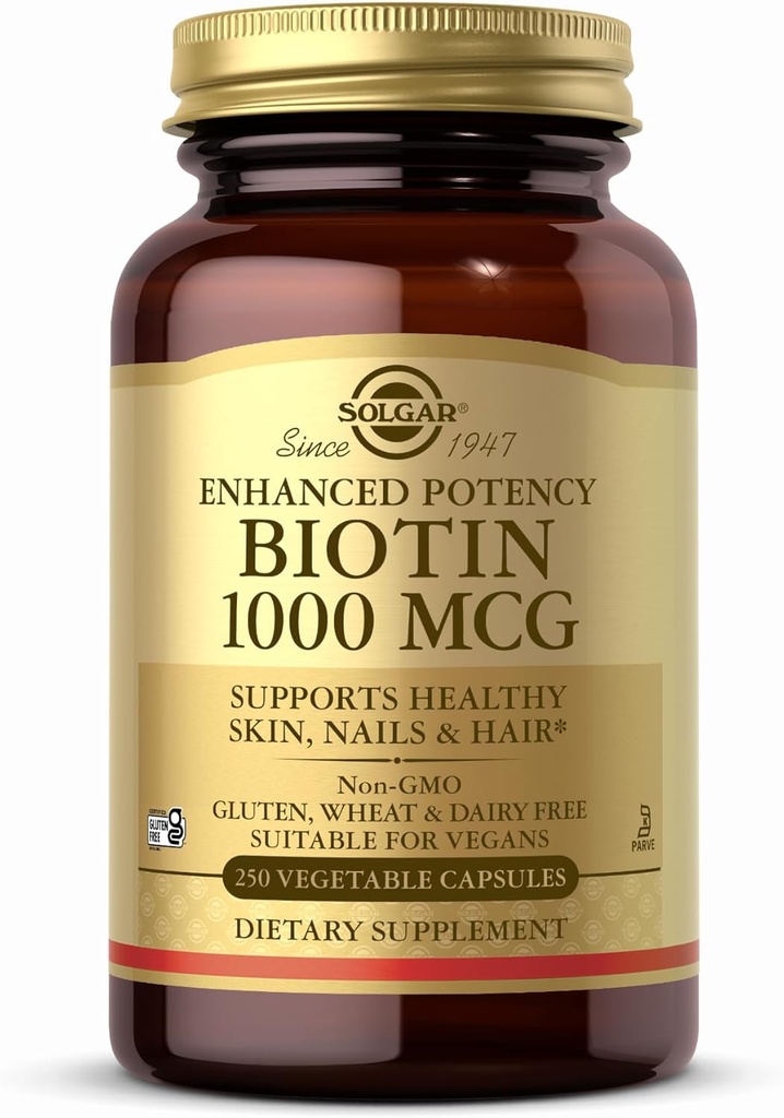 Solgar Biotin 1000 mcg - 250 Zelenjavne kapsule - podpira zdrave kože, nohte in lase - ne-GMO, Vegan, Gluten Free, Mlečni izdelki, Kosher - 250 Serving