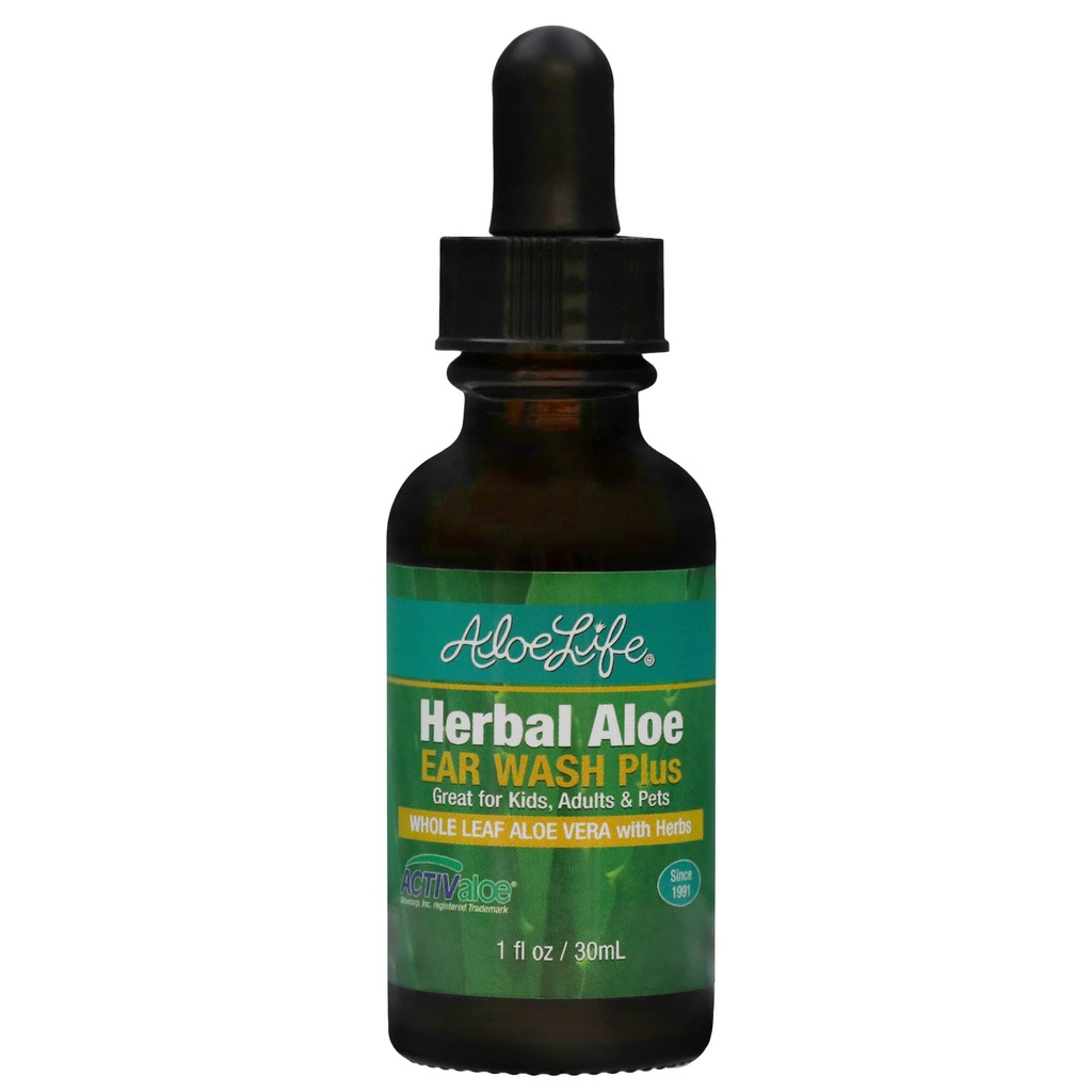 Aloe Life - Zeliščni Aloe Ušesna kopel Plus, Zagotavlja uteho za draženje ušesa, Plavačevo uho, Nelagodje & Srbeče Ušesa, Cel list Aloe Vera z zelišči, Varen za živali, Vključuje Dropper (1 oz)