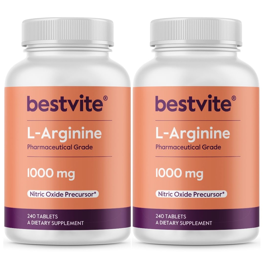 BESTVITE L- arginin 1000 mg na tableto (480 tablet) (240 x 2) – farmacevtska stopnja – vsebuje 20% več čistega arginina v primerjavi z argininom HCl – dušikov oksid