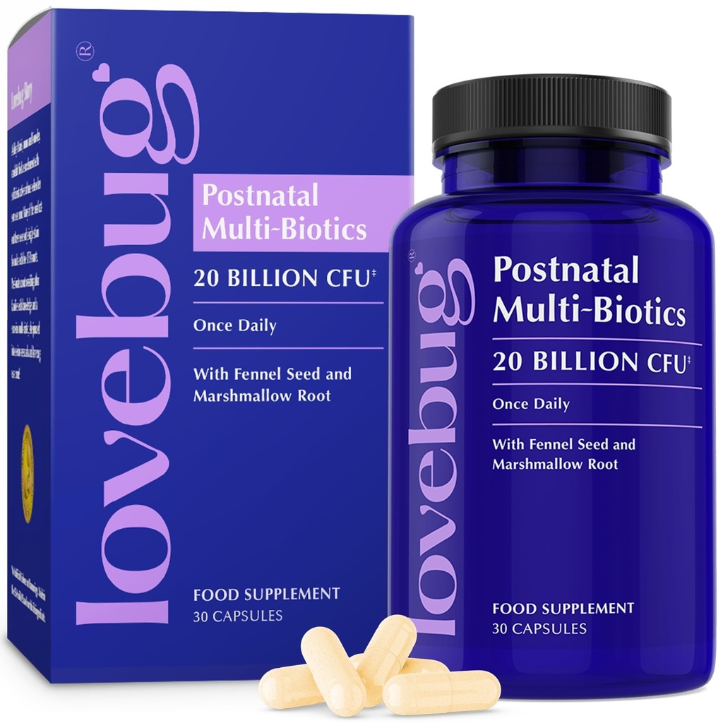 Lovebug Postnatalni probiotiki - 20 milijard CFUs Multi sev za dojenje - s Fenugreek, mleko Thistle & Fennel,Podpora materino mleko & Gut Health, Postpartum Essentials, 30 kapsul