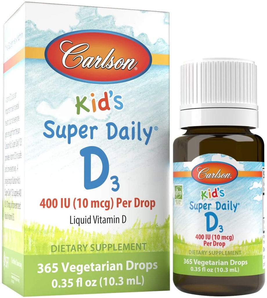 Carlson - Otroški super dnevni D3, kapljice vitamina D za otroke, 400 i.e. na kapljico, 1-letno oskrbo, zdravje srca in imunskega sistema, vegetarijanske, kapljice tekočega vitamina D, nearomatizirane, 365 kapljic