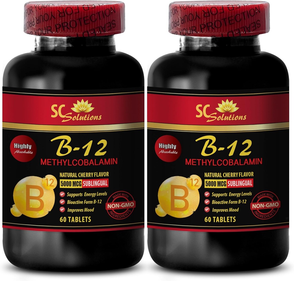 b12 Vitamini 5000 mcg - METHILKOBALAMIN Vitamin B-12 5000 - Športna prehrana vzdržljivost, energijski booster, energijske dodatke za moške več kot 50, Vitamin b 12, Podpora za kožo - 2 steklenice 120 Tabl