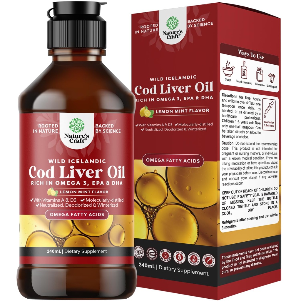 Islandski Wild Catch Cod Jetra Oil Liquid - Ribje olje kapljice z Omega 3, EPA, DHA, Vitamin D & A - Liquid Cod Jetrni dodatek za srce, Joint, Brain & Imune Podpora - 240 ml (8 Ounce)