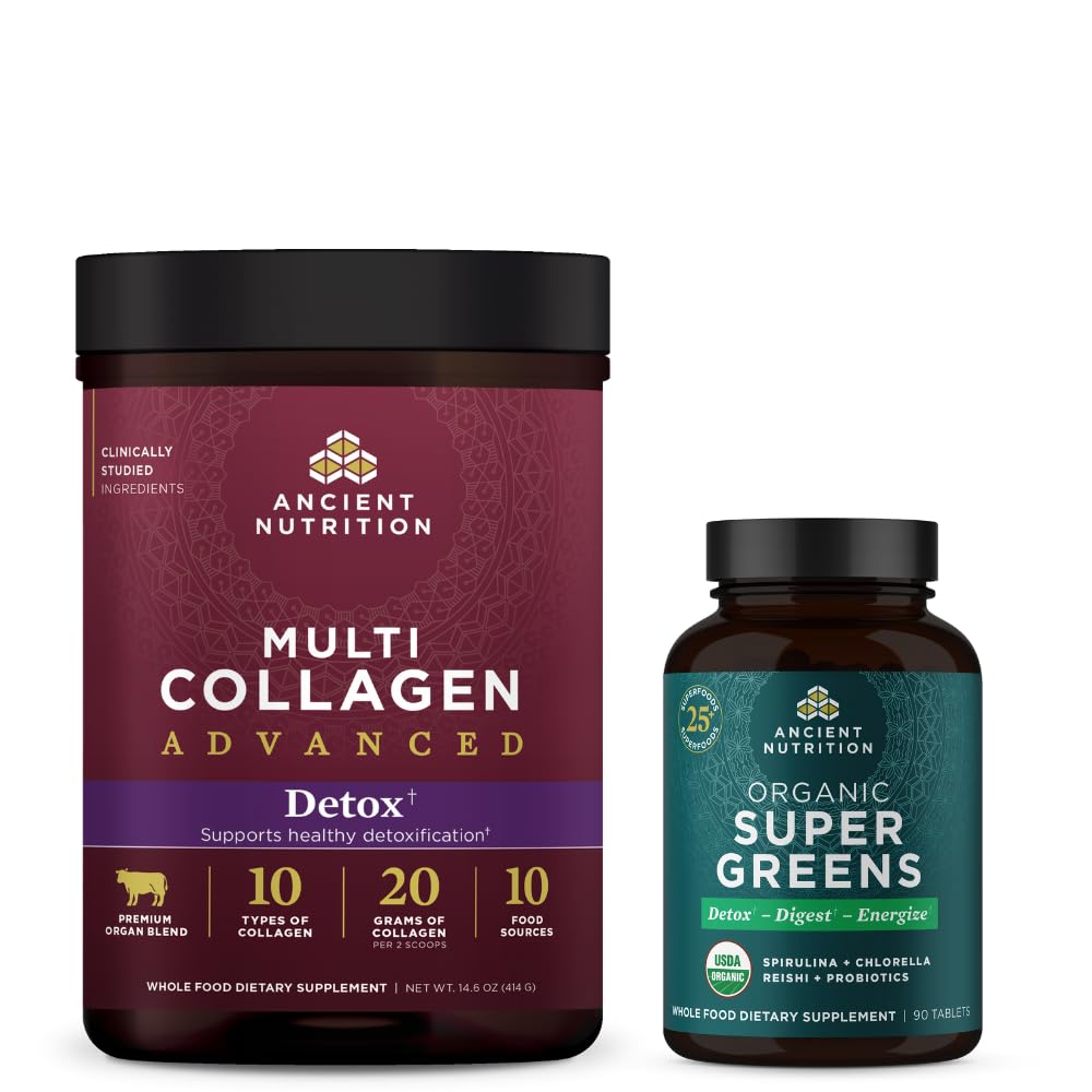Ancient Nutrition Multi Collagen Advanced Powder Cleanse & Detox, Unflavored, 36 Serving + Organic Super Greens Tablet 90 Count