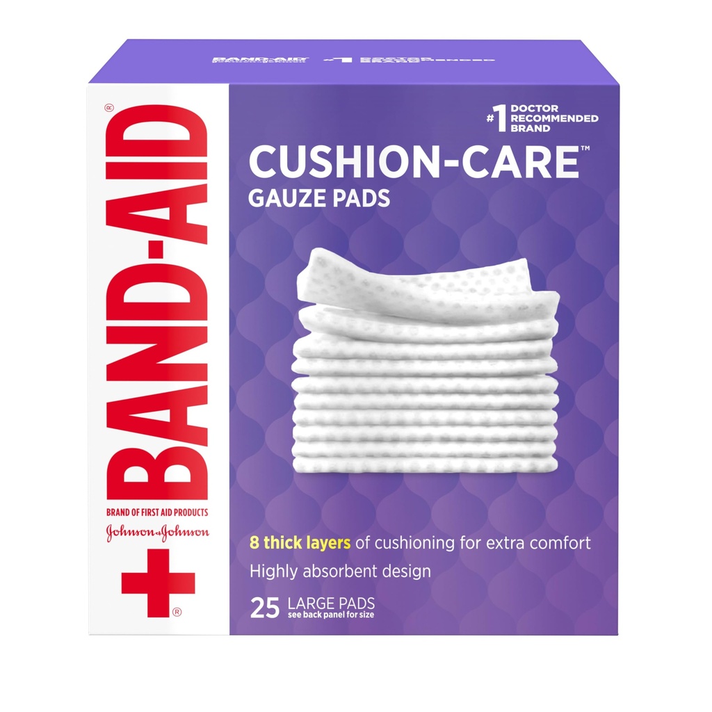Band- Aid Brand Absorbent Cushion Care Sterile Square Gaze Pads za prvo pomoč Zaščita manjših rezov, Scrapes & Burns, Non-Adhesive, Rane Care Dressing Pads, Velika, 4 v x 4 v, 25 ct