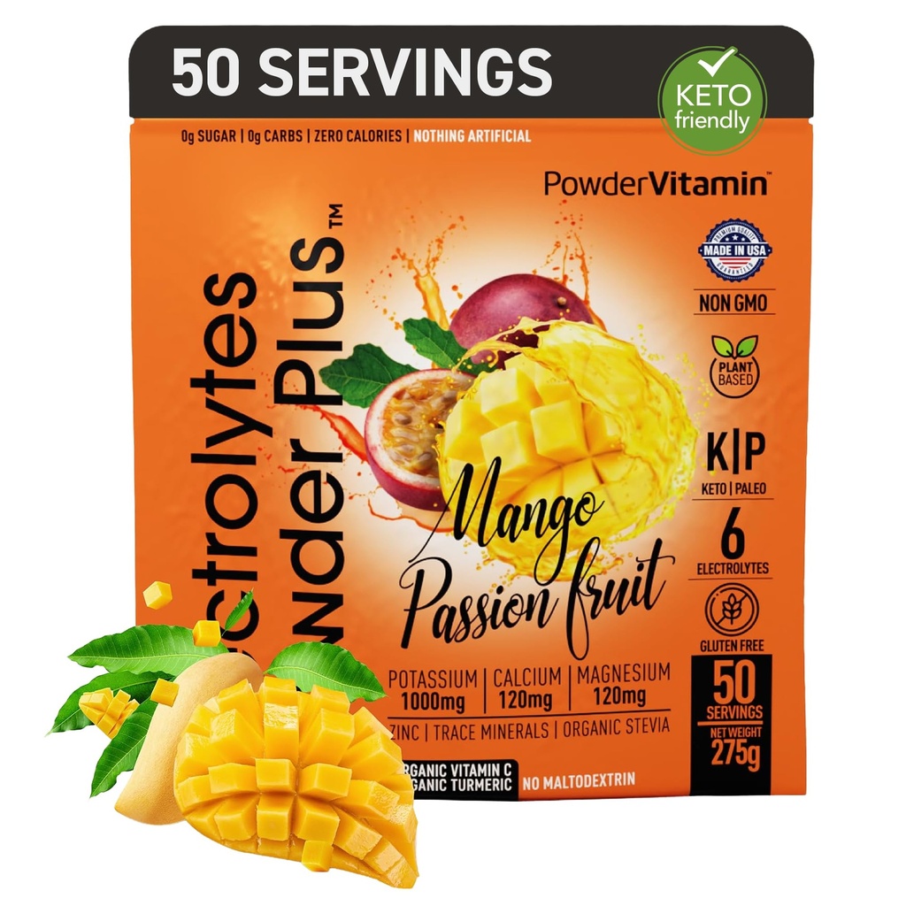 PrašekVitamin Elektroliti v prahu Plus (50 serverjev) mango pasijonka Elektrolit v prahu nič Calorie Keto, 0 sladkor, ne maltodekstrin, 1000mg kalij,120mg kalcij,120mg magnezij, hidracija v prahu