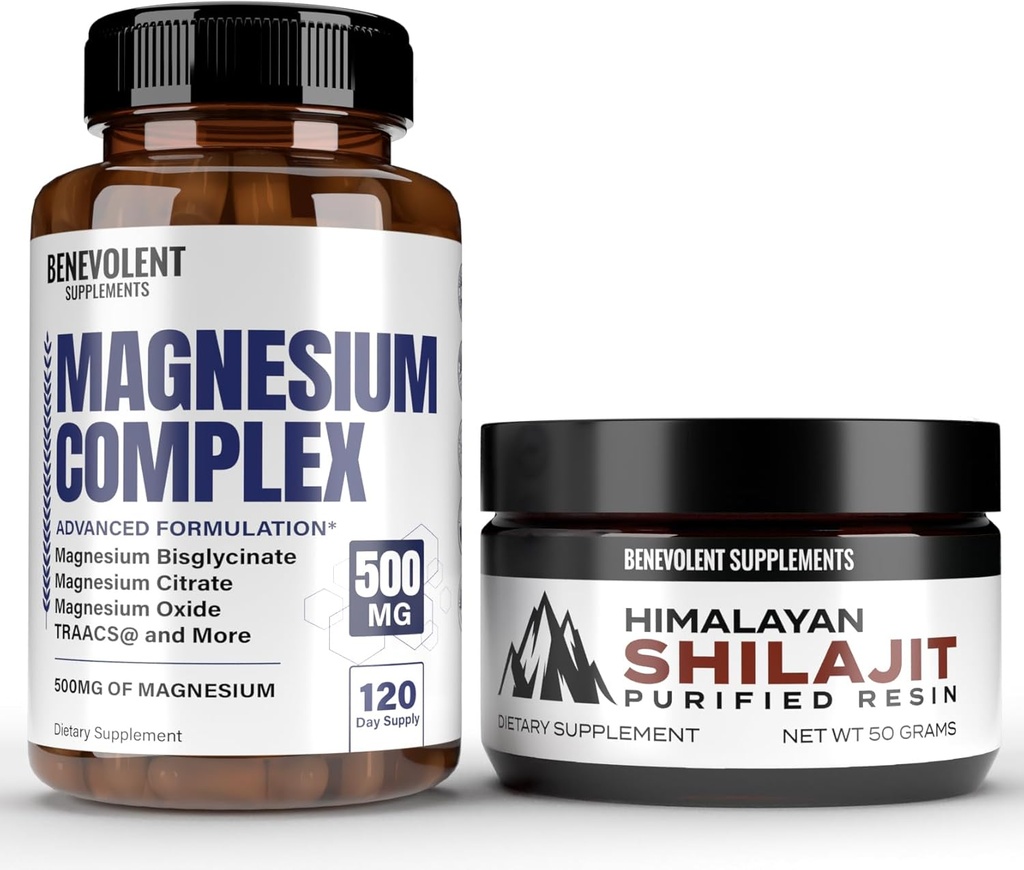 Magnezijev kompleks s 5 najboljšimi oblikami & himalajski Shilajit Resin - 4 Mesec dobava 500mg magnezijevega glicinata, oksida, taurata, kelata, magnezijevega citrata - 85+ Minerali v sledovih za energijo