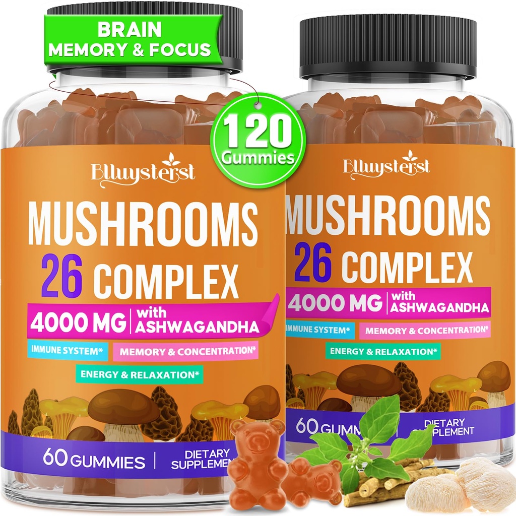 Gobe Gumiji za odrasle 4000mg, Možgani dopolnila za spomin in fokus, 26 v 1 Gobe dopolnilni kompleks z Ashwagandha & Lion's Mane, Turčija rep, Reishi, Cordyceps, Organic, 120 Count