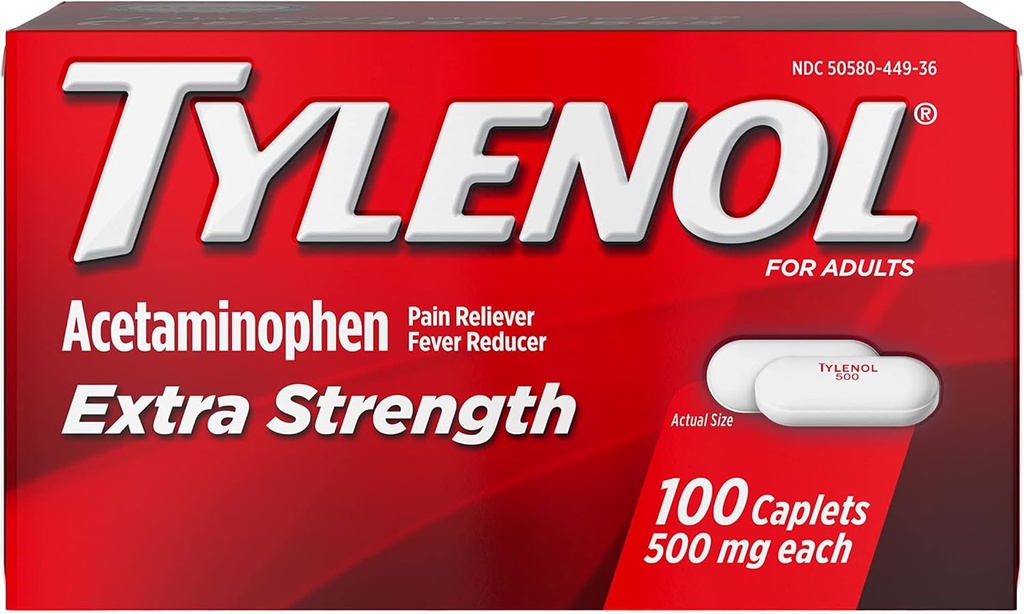 TYLENOL Dodatna jakost Bolečina Reliever in znižanje telesne temperature 500 mg, Kapleti 100 ea Pakiranje po 2