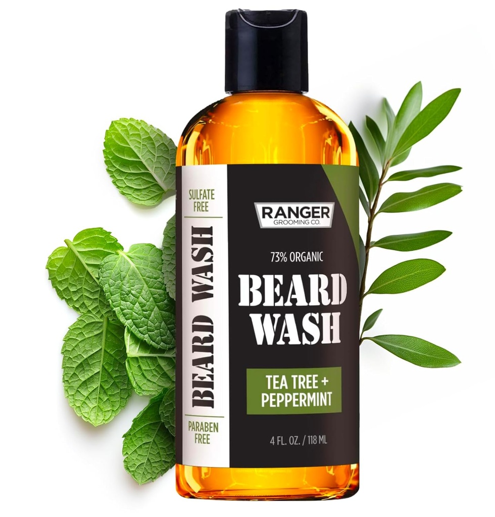 Leven Rose Beard Wash Shampoo by Ranger Grooming Co, Sulfate brezplačno naravno Beard čistilec & balzam za moške, Čajno drevo & Peppermint za rast & Debelitev, Paraben brezplačno 4 oz