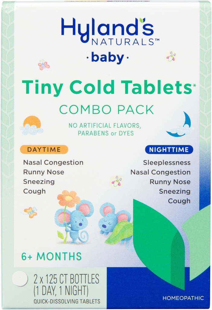 Hyland's Baby Majhne hladne tablete, Pakiranje dnevne in nočne vrednosti, Dojenčki in Baby Cold Medicine, Dekongestiv, Runny Nose in kašelj Relief, 250 hitro raztopi tablete