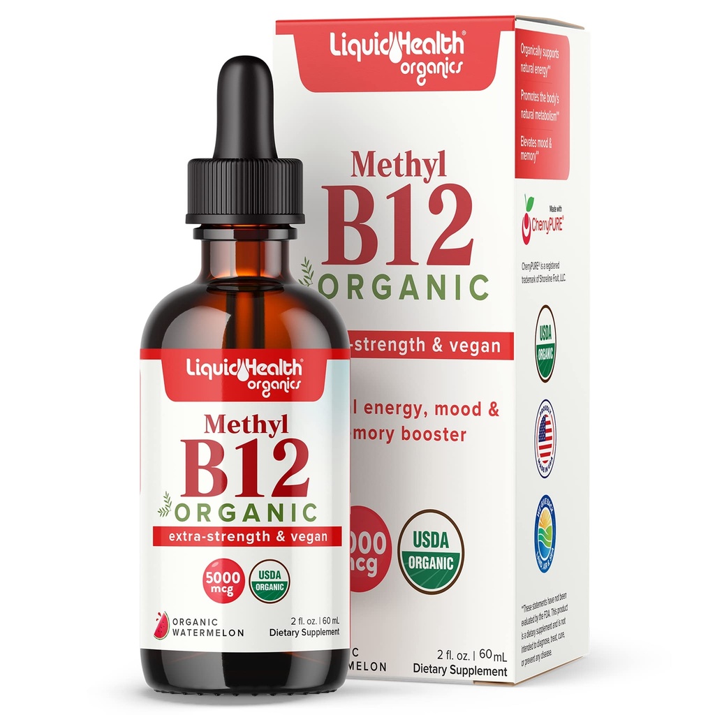 LIQUIDHEALTH USDA Ekološki metil vitamin B12 Metilkobalamin tekoče kapljice s Tart Cherry Juice - Boost Energy, Imunska podpora, izboljšanje spomina in koncentracije - ZDA Made, Vegan, Non-GMO (2 oz)