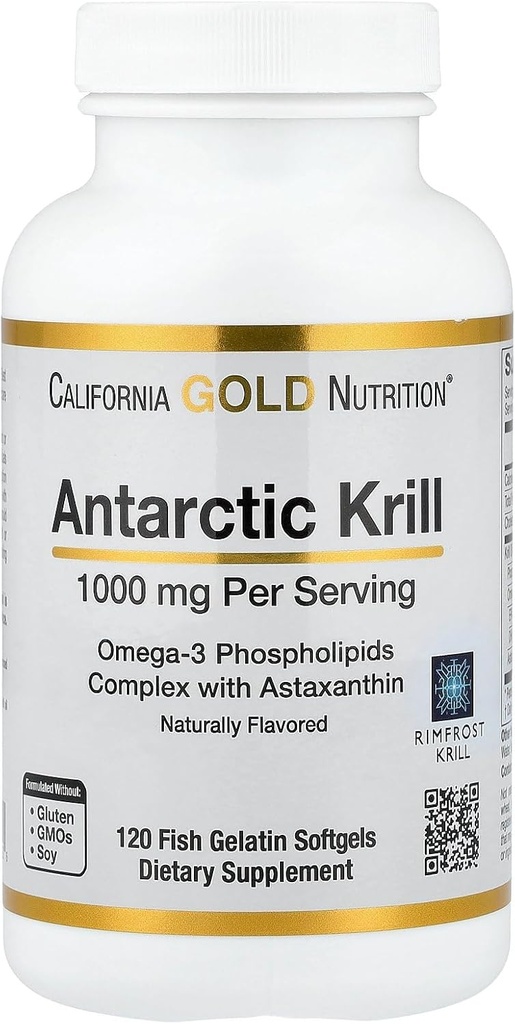 California Gold Nutrition Antarktika Krill Oil, Omega-3 fosfolipidi z naravno prisotnostjo astaksantina, naravne jagode in limonine arome, ne GSO, 1000 mg, 120 Ribji želatina Softgels