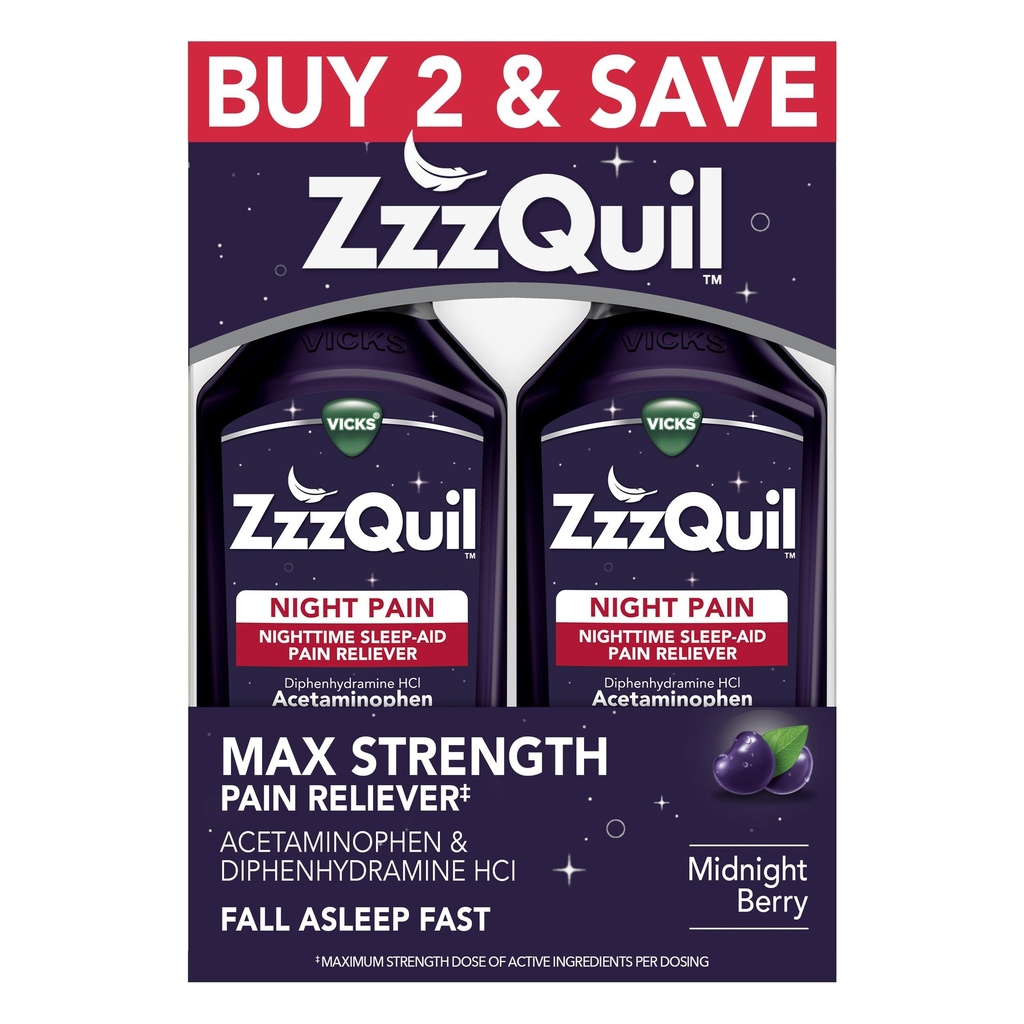 ZzzQuil Liquid, Max Strength Pain Reliever, Night Time Aid Aid Liquid, Acetamofen 1000mg, Difenhidramin 50mg HCI, ne-Habit Oblikovanje, Polnočni jagode arome, 2 Pack, 24 FL OZ