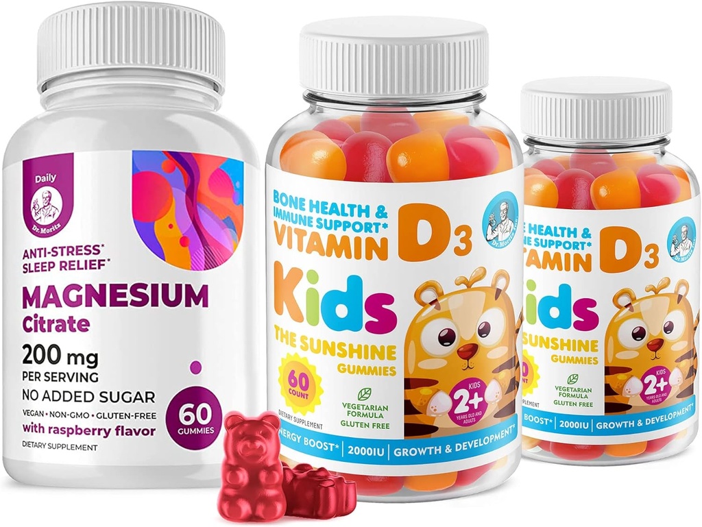 Vitamin D Gumiji za otroke in odrasle 2000 i.e. in Magnezij Gumiji - Zdrav vitamin D3 Dodatki 1000IU - Vegetarijanska želatina brez imunske podpore s sladkor brez magnezija mirni žveči za otroke in odrasle