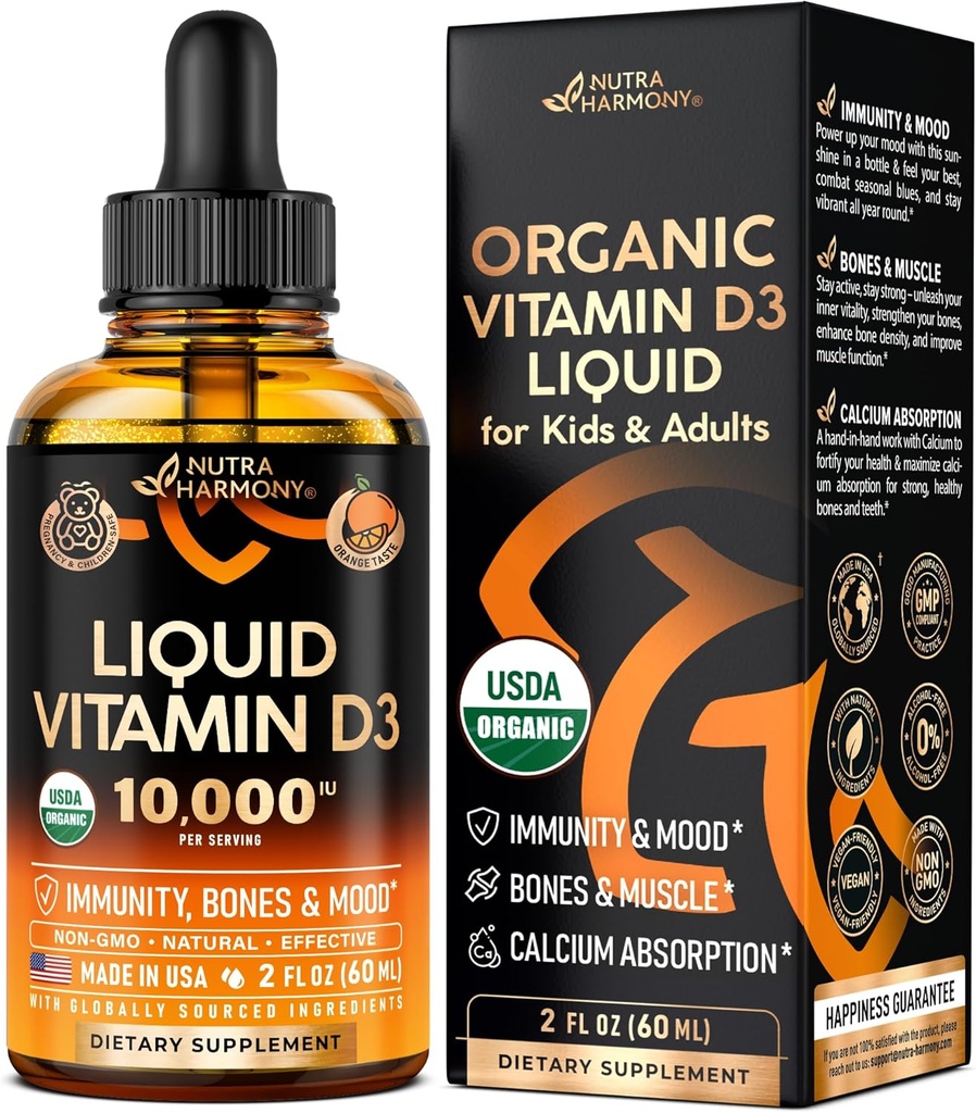 USDA organski vitamin D3 10000iu - kapljice vitamina D za dojenčke, otroke in odrasle, nosečnost in otroke varen imunski sistem, razpoloženje, zdravje kosti in podpora mišic - naravni oranžni okus - 2 fl oz, 60 ml